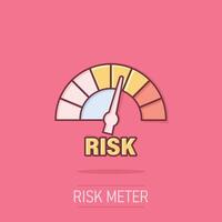 Risk meter icon in comic style. Rating indicator cartoon vector illustration on isolated background. Fuel level sign splash effect business concept.