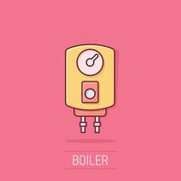 Gas boiler icon in comic style. Heater cartoon vector illustration on isolated background. Boiling splash effect sign business concept.