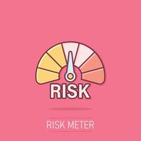 Risk meter icon in comic style. Rating indicator cartoon vector illustration on isolated background. Fuel level sign splash effect business concept.