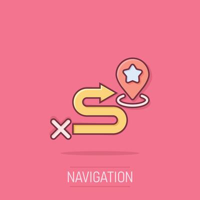 Map pin icon in comic style. gps navigation cartoon vector illustration on isolated background. Locate position splash effect business concept.