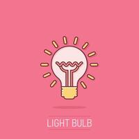 Light bulb icon in comic style. Lamp cartoon vector illustration on isolated background. Idea, solution, thinking sign business concept splash effect.