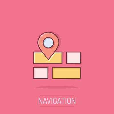 Map pin icon in comic style. gps navigation cartoon vector illustration on isolated background. Locate position splash effect business concept.