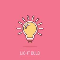 Light bulb icon in comic style. Lamp cartoon vector illustration on isolated background. Idea, solution, thinking sign business concept splash effect.