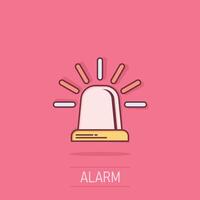 ícono de alarma de emergencia en estilo cómico. ilustración de vector de dibujos animados de lámpara de alerta sobre fondo aislado. concepto de negocio de signo de efecto de salpicadura de urgencia policial.