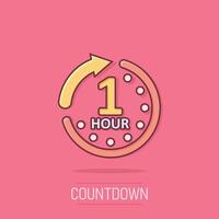 1 hour clock icon in comic style. Timer countdown cartoon vector illustration on isolated background. Time measure splash effect sign business concept.