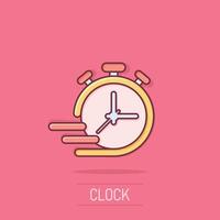 icono de reloj en estilo cómico. ilustración de vector de dibujos animados de negocios y servicios de todo el día sobre fondo aislado. concepto de negocio de signo de efecto de salpicadura de tiempo de servicio rápido.