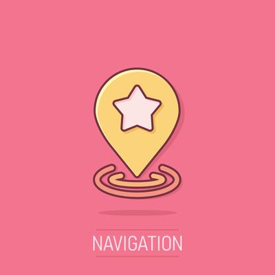 Map pin icon in comic style. GPS navigation cartoon vector illustration on isolated background. Locate position splash effect business concept.