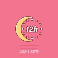 12 hours clock icon in comic style. Timer countdown cartoon vector illustration on isolated background. Time measure splash effect sign business concept.