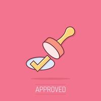 Approve stamp icon in comic style. Accept check mark cartoon vector illustration on isolated background. Approval choice splash effect business concept.