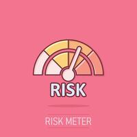 Risk meter icon in comic style. Rating indicator cartoon vector illustration on isolated background. Fuel level sign splash effect business concept.