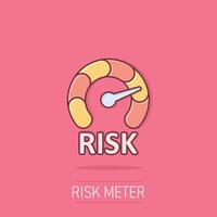 Risk meter icon in comic style. Rating indicator cartoon vector illustration on isolated background. Fuel level sign splash effect business concept.