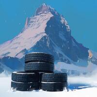 AI generated Four black tires against a winter mountain backdrop scene For Social Media Post Size photo