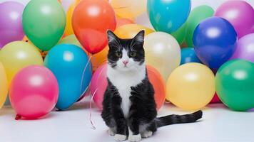 AI generated Black and white cat at colorful balloon party, white background photo