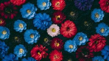 AI generated Blue, red, and black flowers add texture to fabric backdrop photo