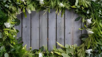 AI generated Wooden fence background adorned with fresh spring greens, white flowers photo