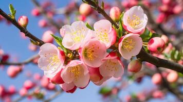 AI generated Half frame of pink apple tree flower branches isolated white photo