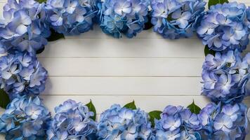 ai generado azul hortensia flores arreglado como floral frontera marco foto