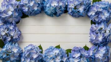 AI generated Blue hydrangea flowers arranged as floral border frame photo