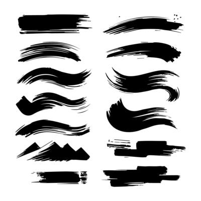 Set of black paint, ink brush strokes, brushes, lines, grungy. Dirty artistic design elements, boxes, frames. Vector illustration. Isolated on white background. Freehand drawing.