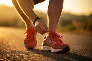 AI generated Diligent Man tying shoelaces before training. Generate Ai photo