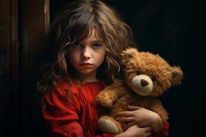 ai generado oferta pequeño niña abrazando su oso juguete. generar ai foto