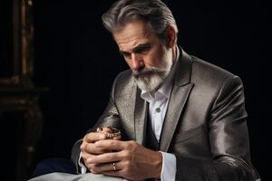 AI generated Mature man looking on wedding ring after conflict. Generate Ai photo