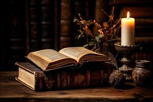 AI generated Rustic Old book and candles on wooden table. Generate AI photo