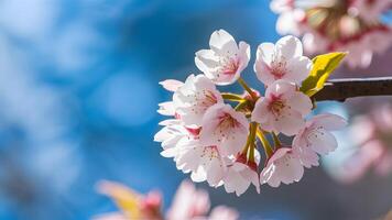 ai generado blanco primavera Cereza florecer en azul fondo, bokeh luz de sol foto