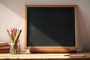 AI generated Photo Back to school setup Books on a wooden table backdrop