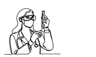 AI generated one continuous black line drawing sketch doctor woman looking at pouring liquid in test tube of clear solution in a Scientist laboratory International Doctor Day concept vector