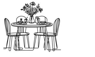 AI generated one continuous black line drawing Dining table and chairs outline doodle vector illustration on white background