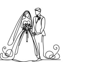 AI generated One continuous single drawing black line art doodle wedding couple bride and groom outlne vector illustration on white background