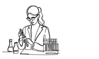 AI generated one continuous black line drawing sketch doctor woman looking at pouring liquid in test tube of clear solution in a Scientist laboratory International Doctor Day concept vector