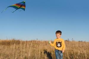 Little boy with kite flying over his head photo