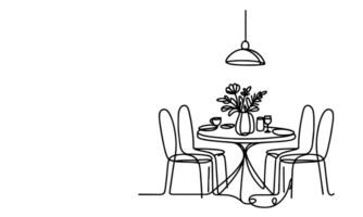 AI generated one continuous black line drawing Dining table and chairs outline doodle vector illustration on white background