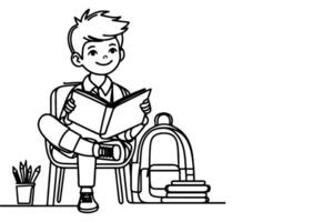 AI generated one continuous black line drawing young school boy back to school concept outline doodle vector illustration on white background