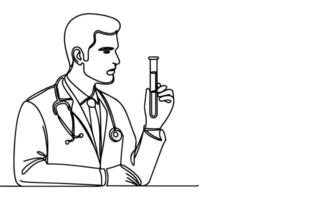 AI generated one continuous black line drawing sketch doctor man looking at pouring liquid in test tube of clear solution in a Scientist laboratory International Doctor's Day concept vector