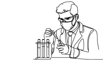 AI generated one continuous black line drawing sketch doctor man looking at pouring liquid in test tube of clear solution in a Scientist laboratory International Doctor's Day concept vector