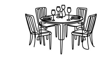 AI generated one continuous black line drawing Dining table and chairs outline doodle vector illustration on white background