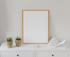 Frame interior, mockup frame, poster wood vertical on table in empty picture interior in illustration and deocr plant 3d rendering. photo