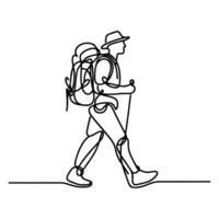 AI generated one continues black line drawing hiking man with back page at mountain landscape forest outline doodle vector illustration on white background