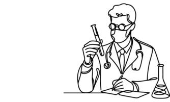 AI generated one continuous black line drawing sketch doctor man looking at pouring liquid in test tube of clear solution in a Scientist laboratory International Doctor's Day concept vector