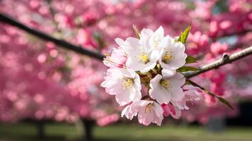 AI generated Img Shallow depth Sakura flower cherry blossom panoramic template photo