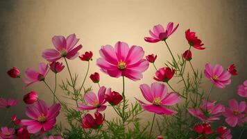 AI generated Vintage color tone backdrop with beautiful pink red cosmos flowers photo