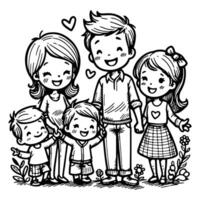 kid drawing happy family cartoon character outline doodle for coloring book page vector illustration on white background