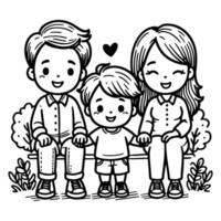 kid drawing happy family cartoon character outline doodle for coloring book page vector illustration on white background