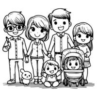 AI generated kid drawing happy family cartoon character outline doodle for coloring book page vector illustration on white background