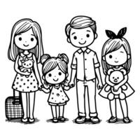 kid drawing happy family cartoon character outline doodle for coloring book page vector illustration on white background