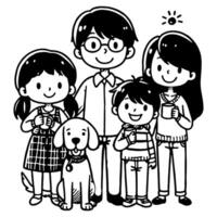 AI generated drawing happy family with dog cartoon character doodle vector illustration on white background