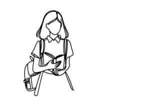 AI generated one continuous black line drawing young school girl with a backpack and carrying book Back to school concept outline doodle vector illustration on white background